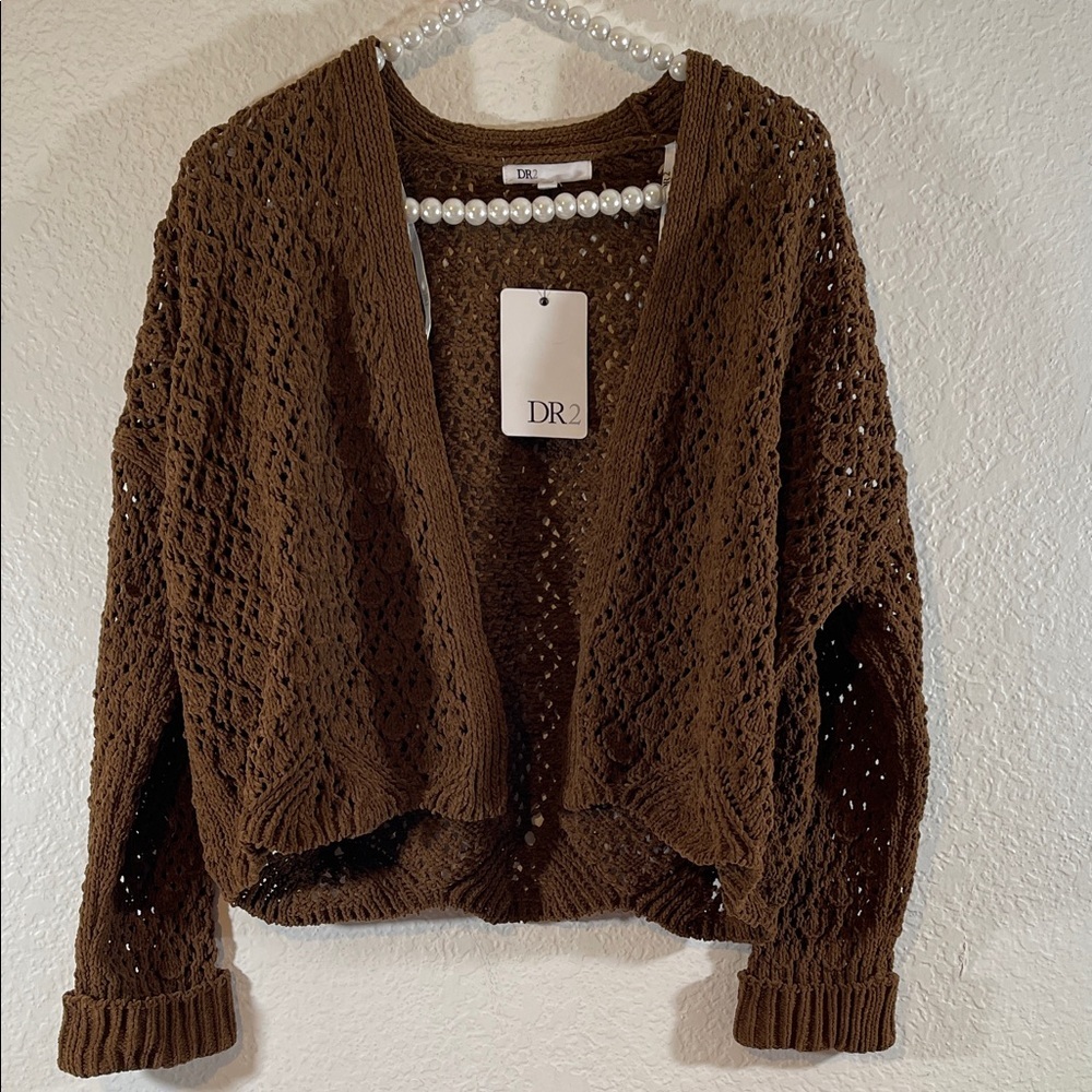 Dr2 Brown Open Knit Cardigan Long Sleeve Size XS NEW